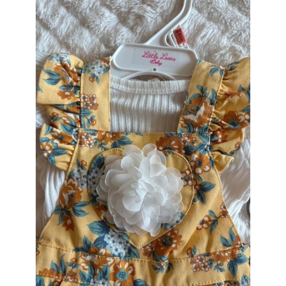 Baby Girl Yellow Floral Denim Ruffle 2 Piece Outfit Set - Picture 2 of 4